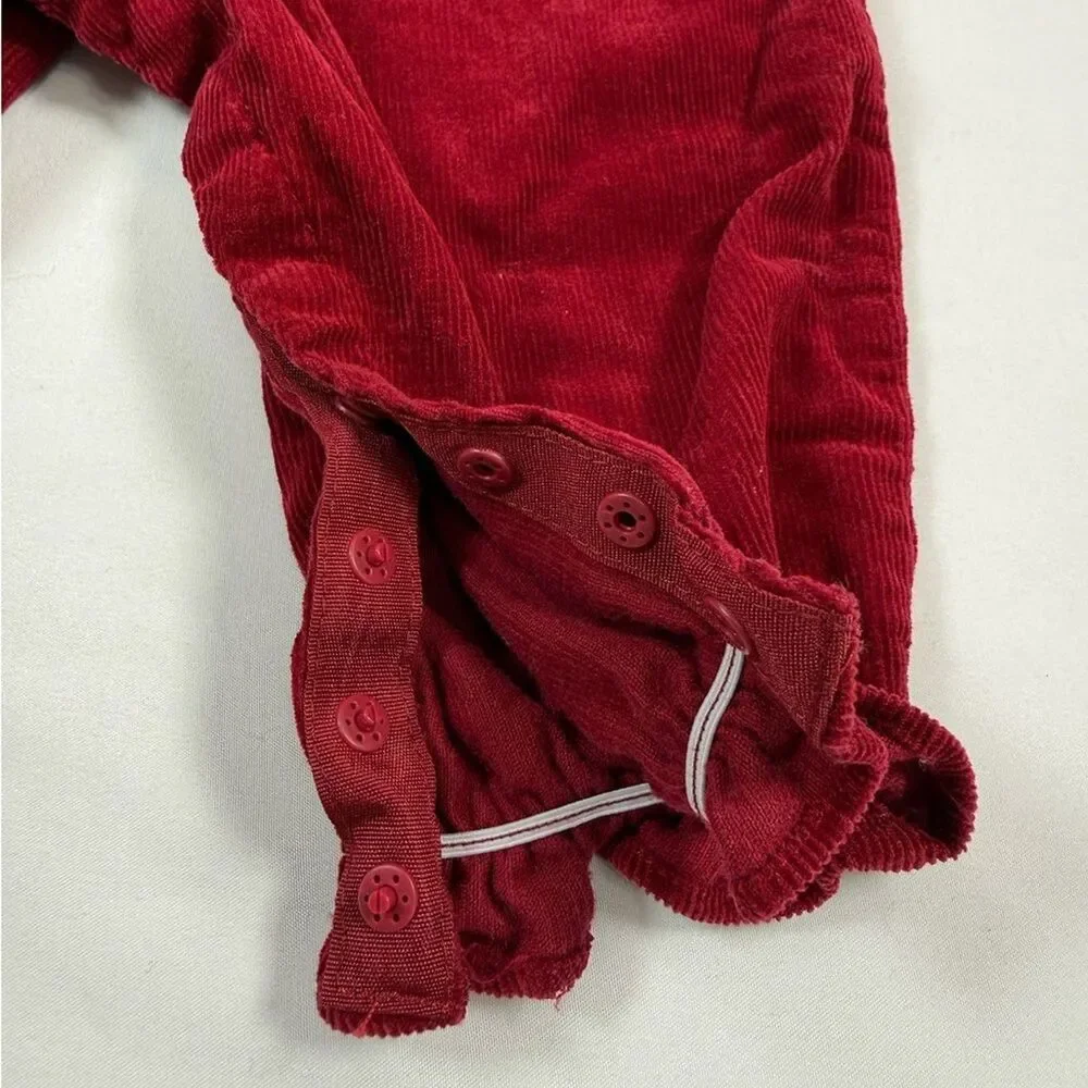 CRACKER BARREL Baby Girls’ Red Corduroy Owl Knee Patch Ruffle Overalls Size 12M